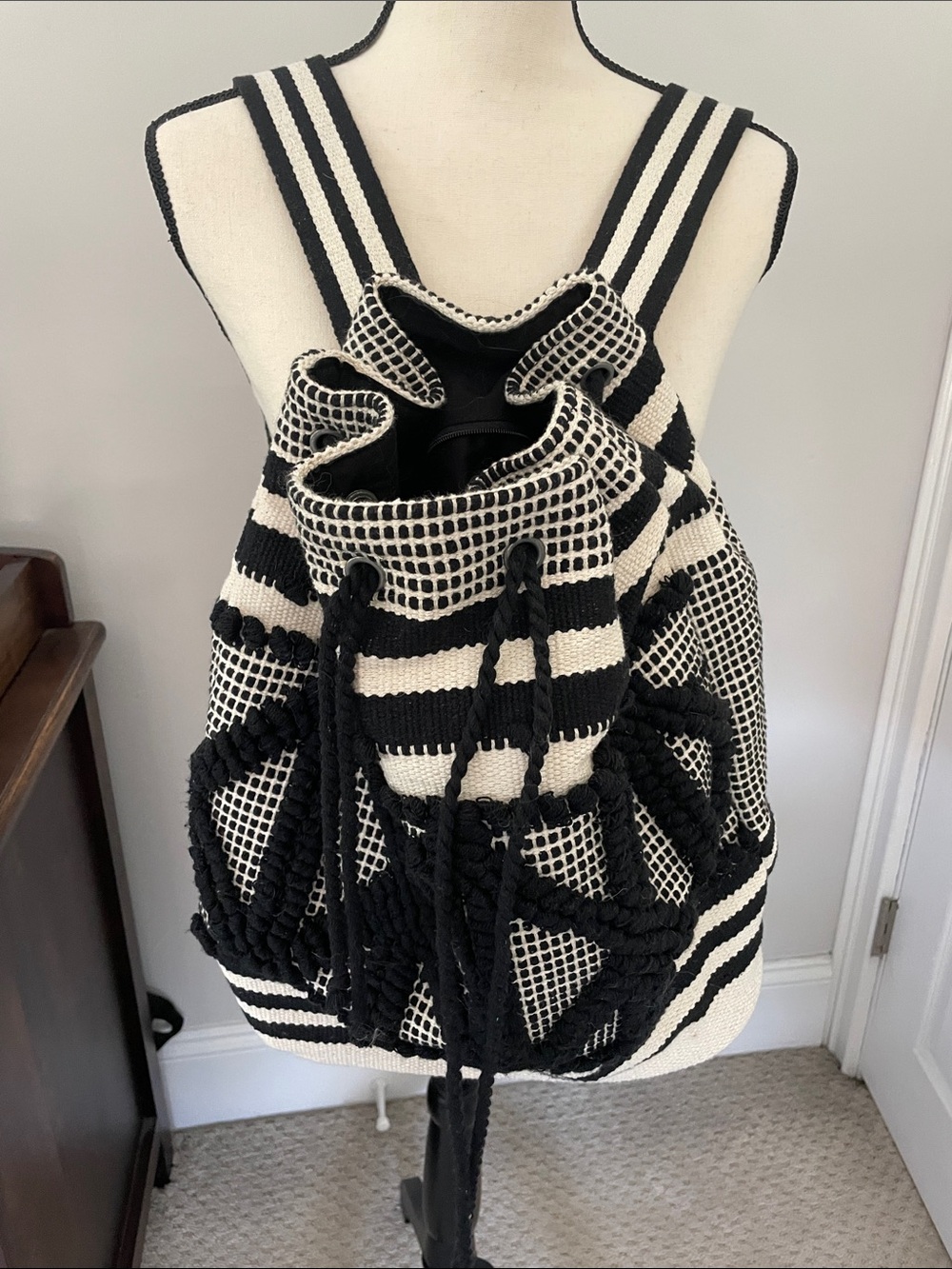 Lucky Brand Handwoven Black & White Striped Drawstring Backpack